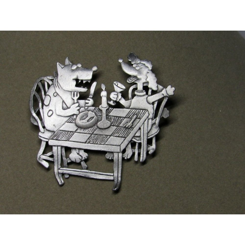 VTG JJ Jonette Metal Pewter Dog Dinner Party Pin Brooch Figural 2.75"
